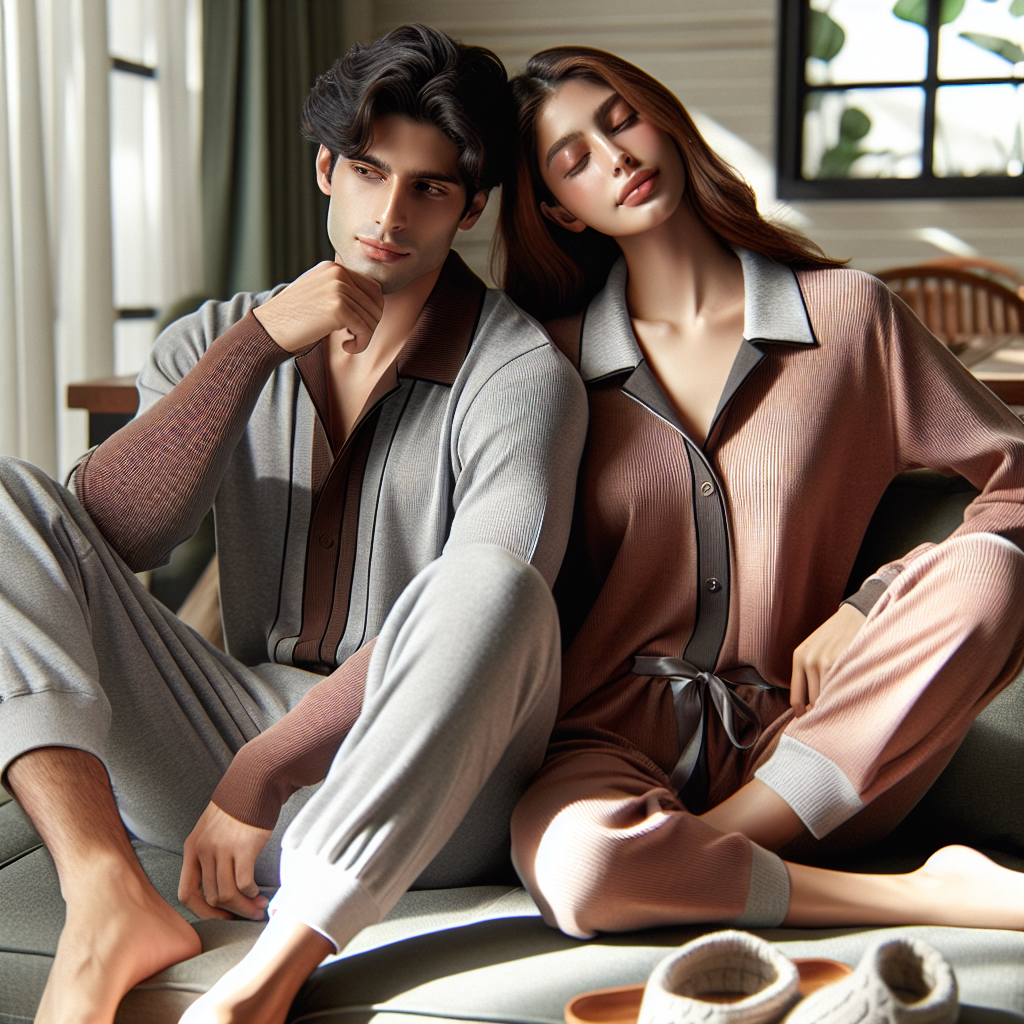 따뜻하고 스타일리시한 홈웨어, 도씨 긴팔 카라 커플 잠옷 세트!